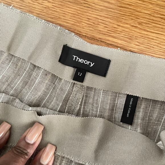 Theory Clean Cropped Linen Pants Womens 12 Tan Striped Career Chic Minimalist - Picture 5 of 10